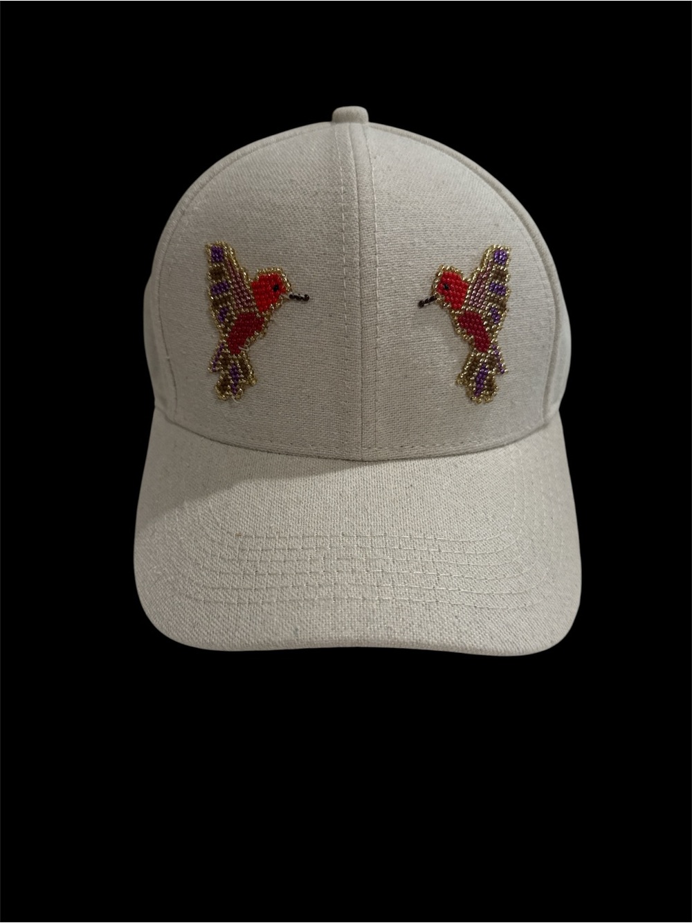 Black Baseball Cap with Colorful Beaded hummingbirds